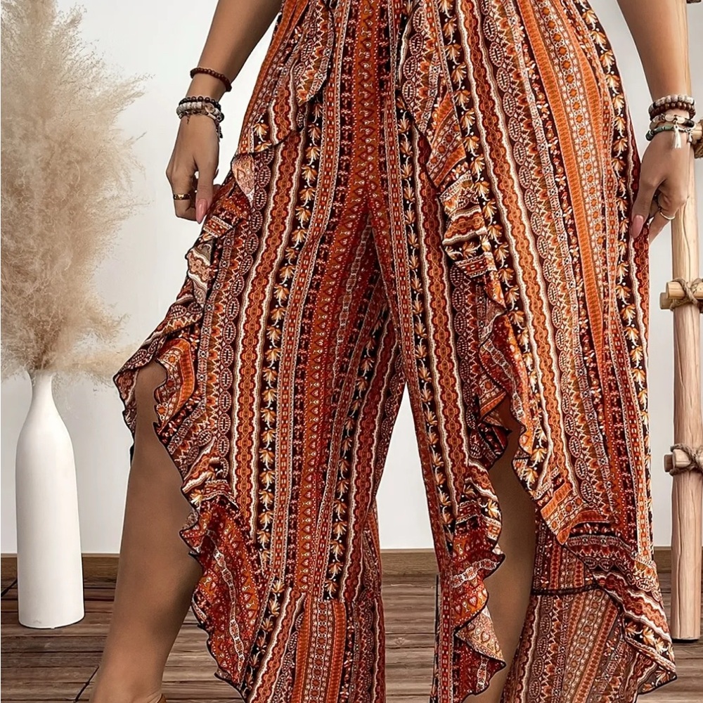 Bohemian Ruffle Hemmed Wide-Leg Pants - Picture 3 of 4